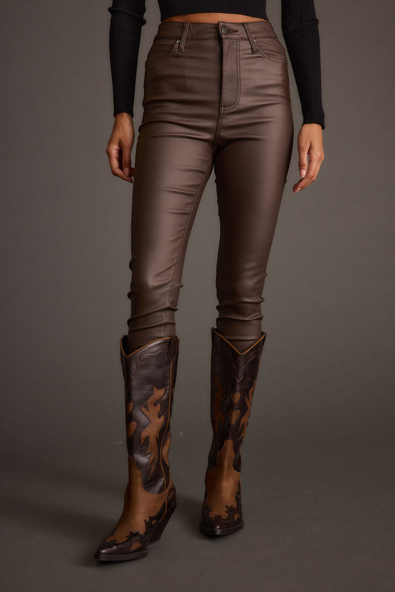 Nixon Mocha Coated Pants styled in a complete look from an alternate angle.
