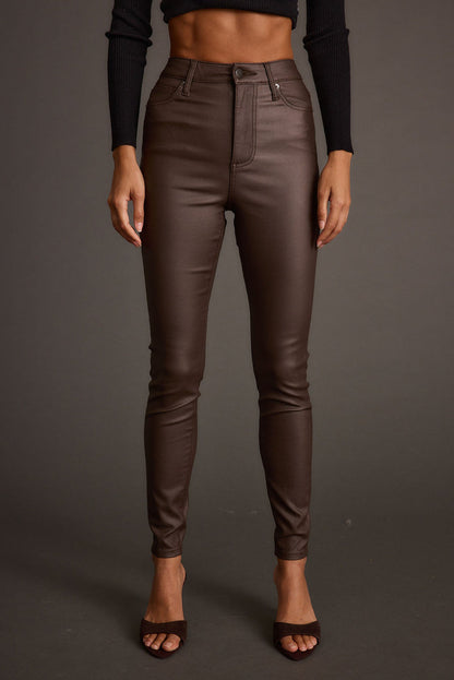 Full-length view of the mocha pants showing the drape and movement.