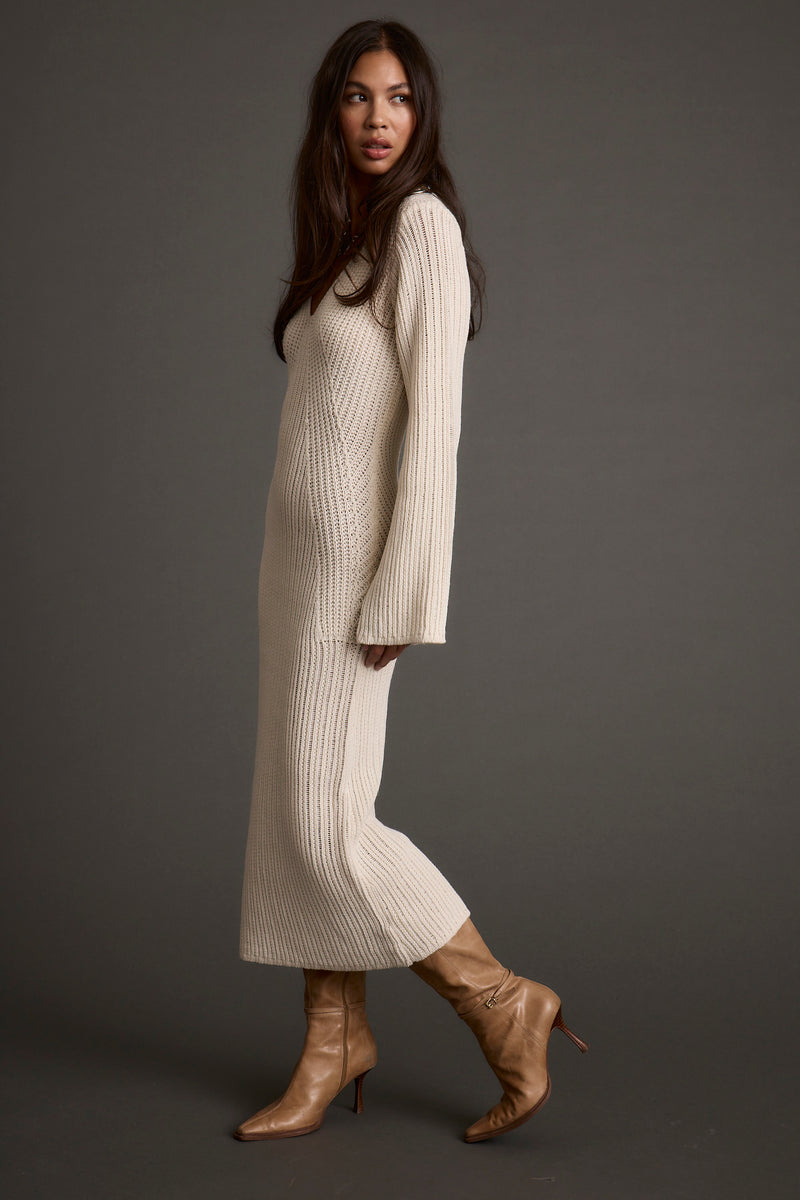 Detail shot of the Nolita Cream Midi Sweater Dress highlighting the design elements.