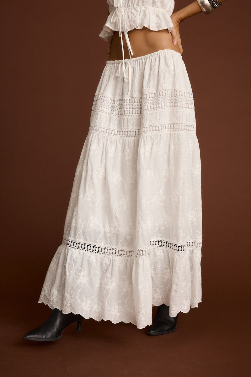 Nomad White Embroidered Maxi Skirt styled in a complete look from an alternate angle.
