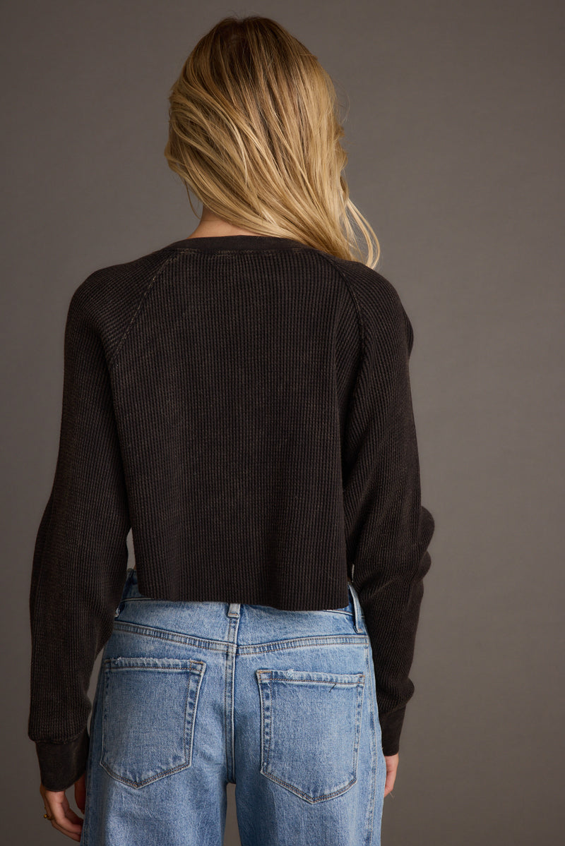 Additional view of the Not Your Boyfriend Washed Black Waffle Knit Henley from a different perspective.
