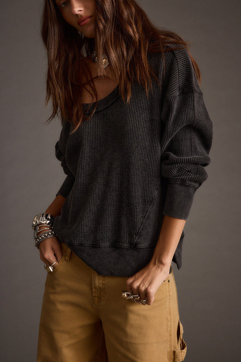 Not Your Ex's Washed Black Waffle Knit Top styled in a complete look from an alternate angle.