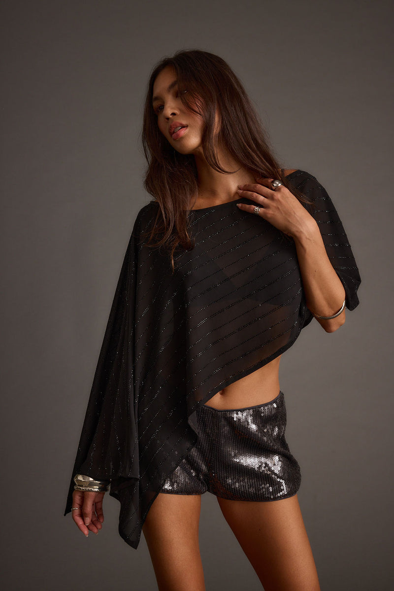 Black rhinestone piece with refined detailing and a flattering silhouette.