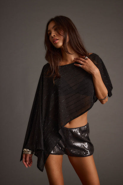 Black rhinestone piece with refined detailing and a flattering silhouette.