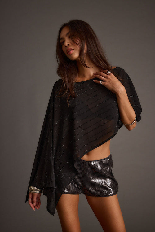 Black rhinestone piece with refined detailing and a flattering silhouette.