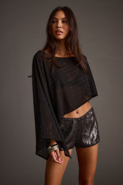 Oasis Black Rhinestone Shawl styled in a complete look from an alternate angle.