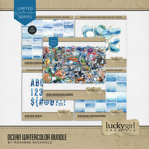 Capture all your beach and ocean activities with these beautiful watercolor embellishments, papers, and alpha set by Lucky Girl Creative digital art. Great for layering on beach, ocean, sea, pool, swimming, travel, sailing, and tropical vacation pages - the Caribbean Islands, Great Barrier Reef, Hawaii, and more! Embellishments include Beluga whale, pelican, seagull, crab, dolphin, fish, tuna, swordfish, lionfish, skate, tropical, jellyfish, lobster, sea turtle, manatee, manta ray, octopus, and more.