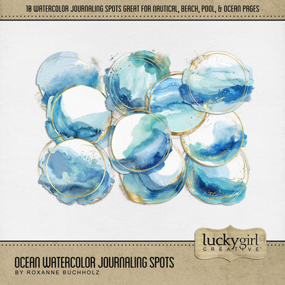 Capture all your fun summertime activities with this beautiful watercolor embellishment kit by Lucky Girl Creative digital art filled with watercolor splashes with gold accents. Great for layering on beach, ocean, pool, travel, and vacation pages! Use as a backdrop for your journaling. This kit is included in the Ocean Watercolor Bundle.