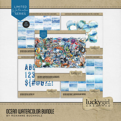 Capture all your beach and ocean activities with these beautiful watercolor embellishments, papers, and alpha set by Lucky Girl Creative digital art. Great for layering on beach, ocean, sea, pool, swimming, travel, sailing, and tropical vacation pages - the Caribbean Islands, Great Barrier Reef, Hawaii, and more! Embellishments include Beluga whale, pelican, seagull, crab, dolphin, fish, tuna, swordfish, lionfish, skate, tropical, jellyfish, lobster, sea turtle, manatee, manta ray, octopus, and more.