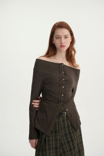 Off-shoulder button-up top