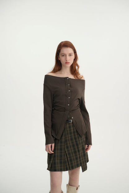 Off-shoulder button-up top