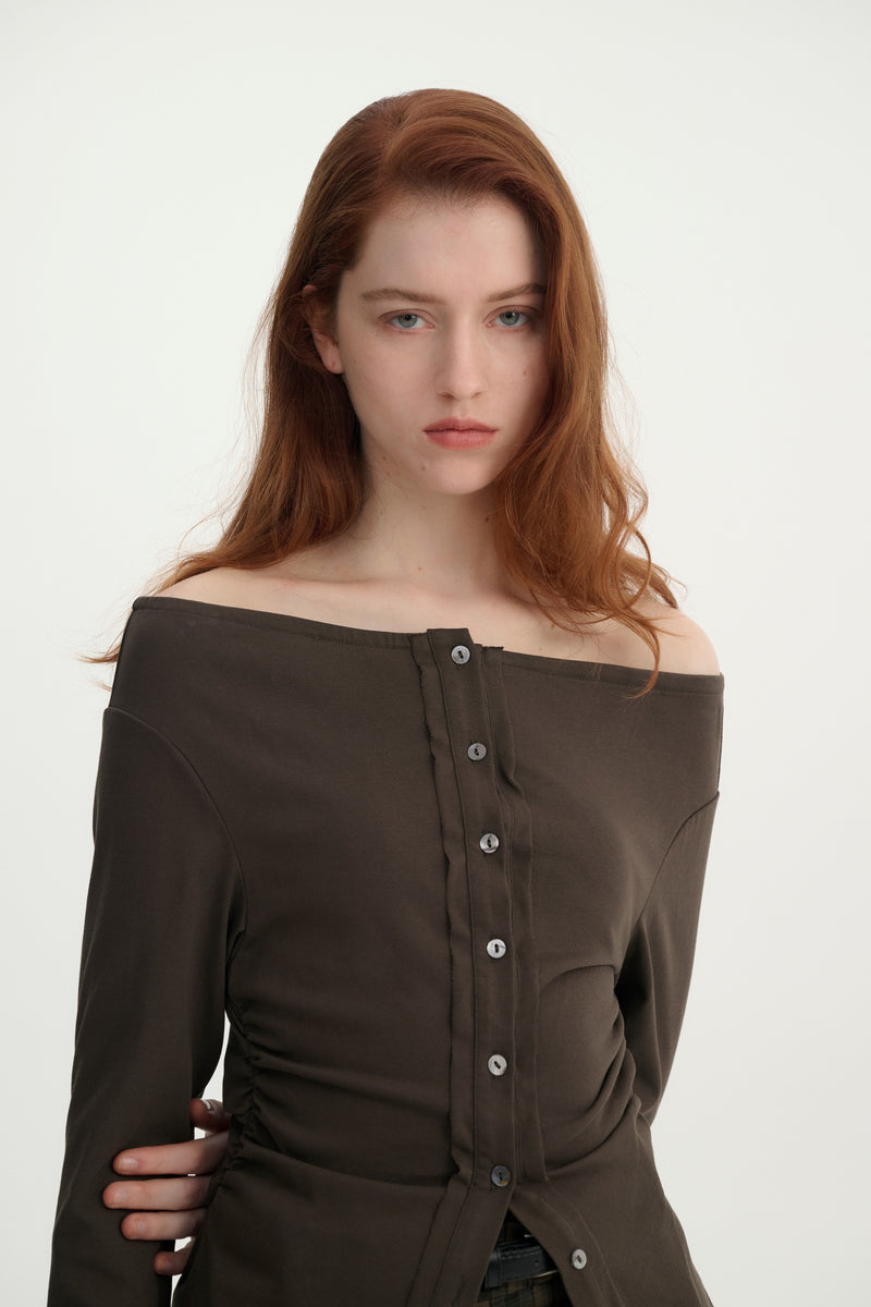 Off-shoulder button-up top