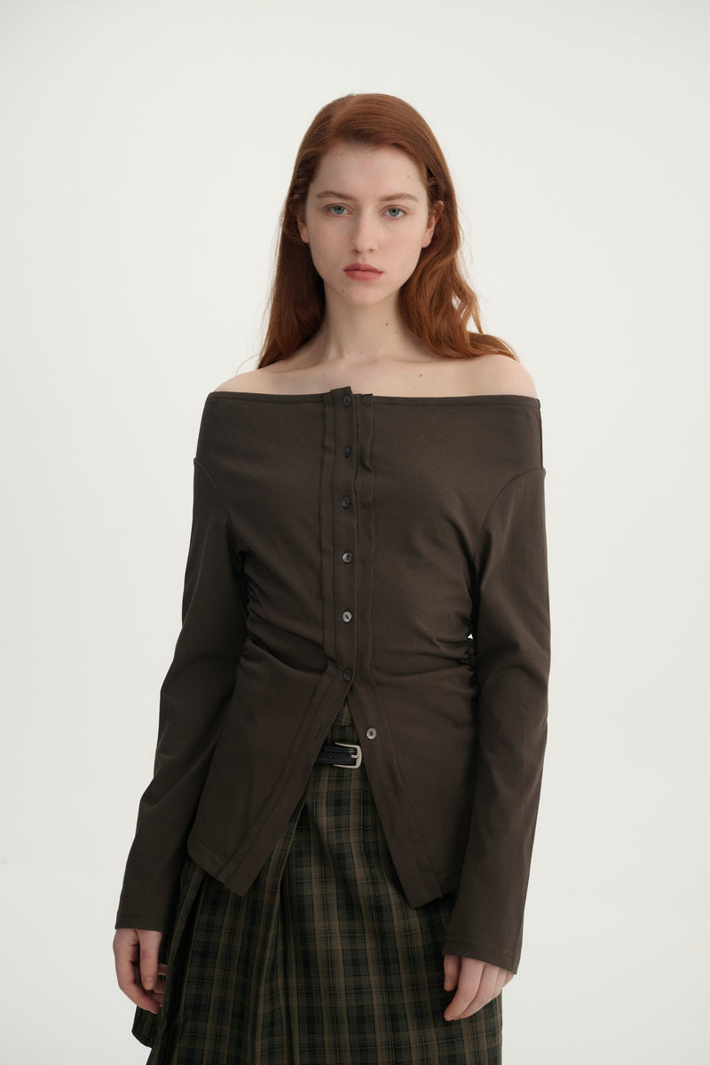 Off-shoulder button-up top
