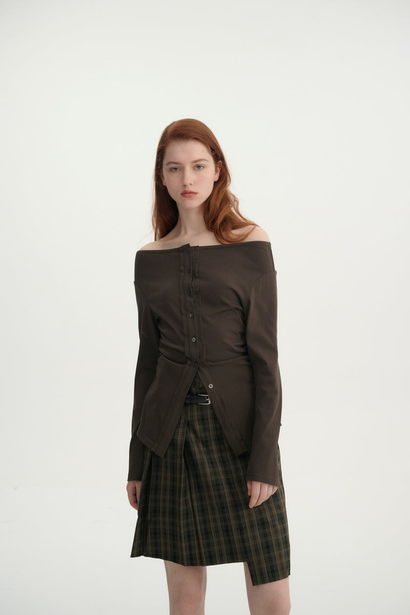 Off-shoulder button-up top