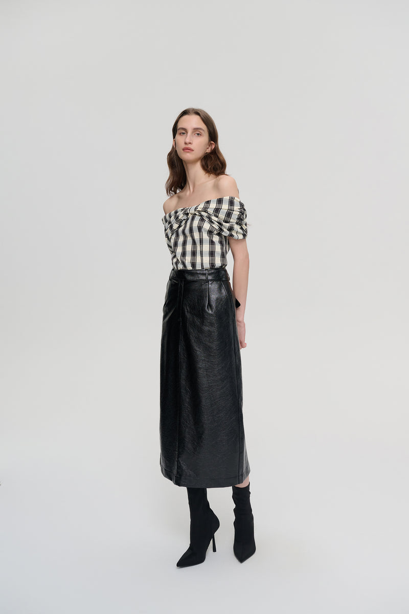 Off-shoulder check print top