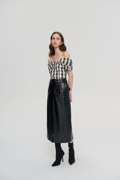 Off-shoulder check print top