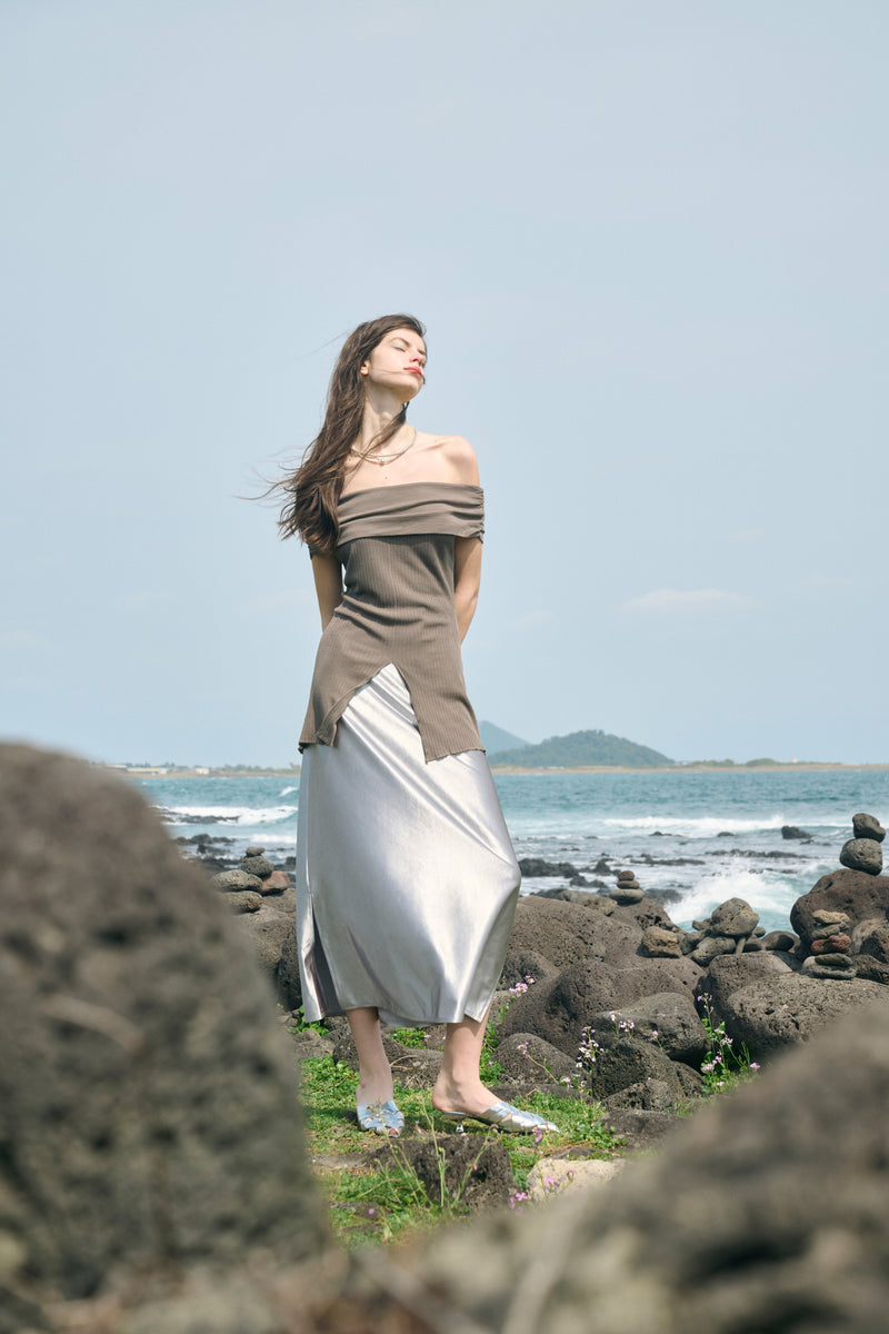 Off-shoulder front slit top