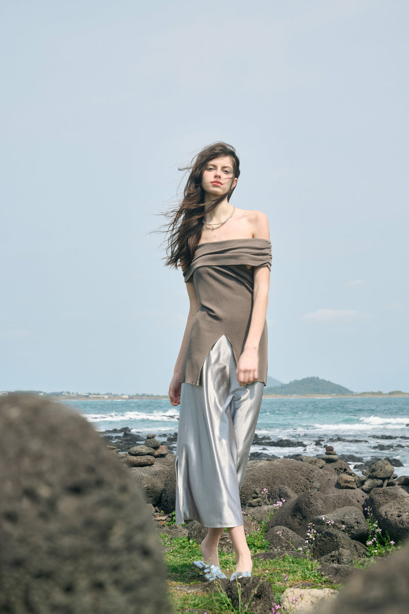 Off-shoulder front slit top
