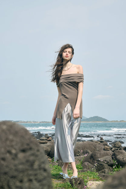Off-shoulder front slit top
