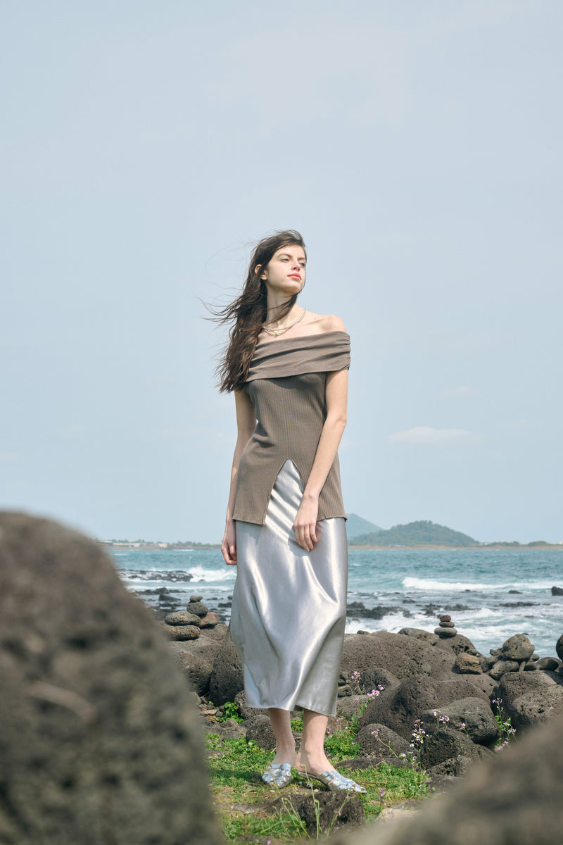 Off-shoulder front slit top