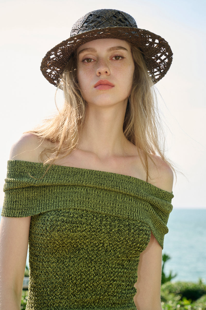 Off shoulder marled knit top