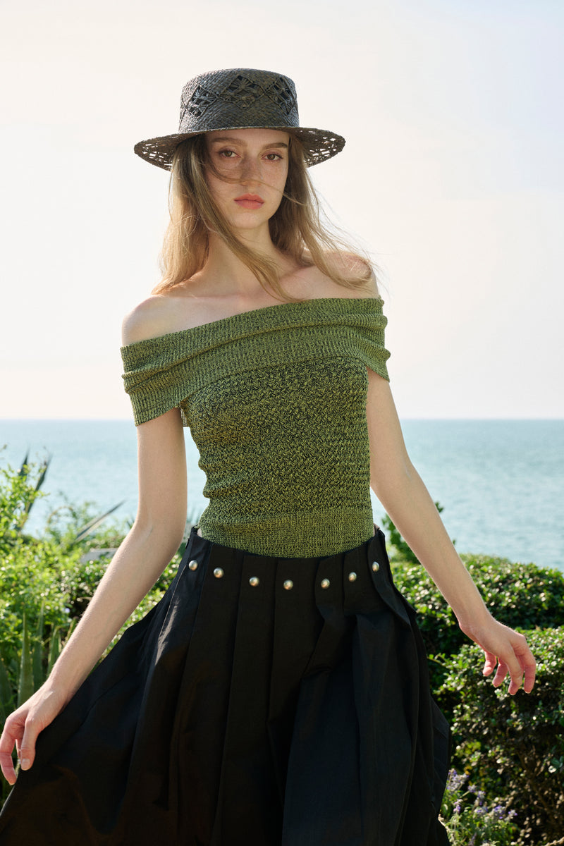 Off shoulder marled knit top