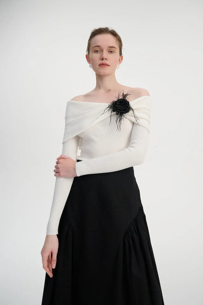 Off-shoulder ribbed knit sweater