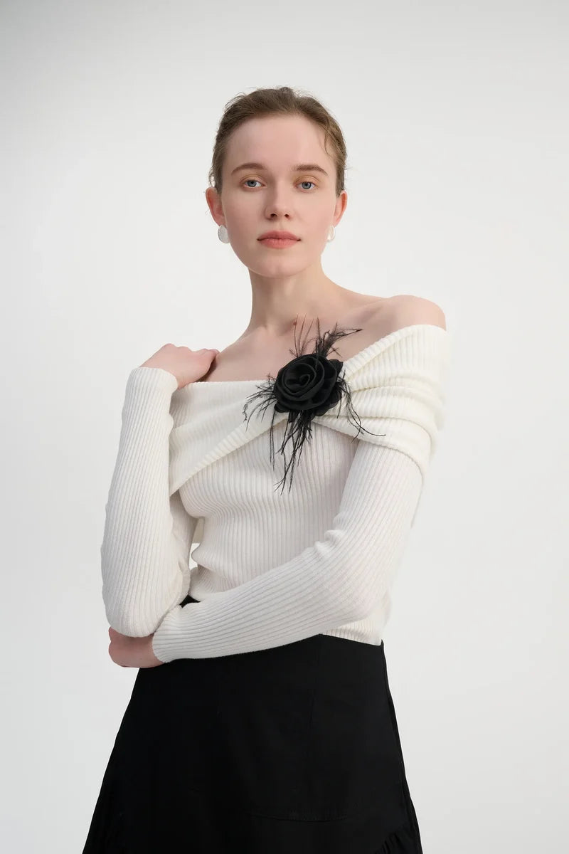 Off-shoulder ribbed knit sweater