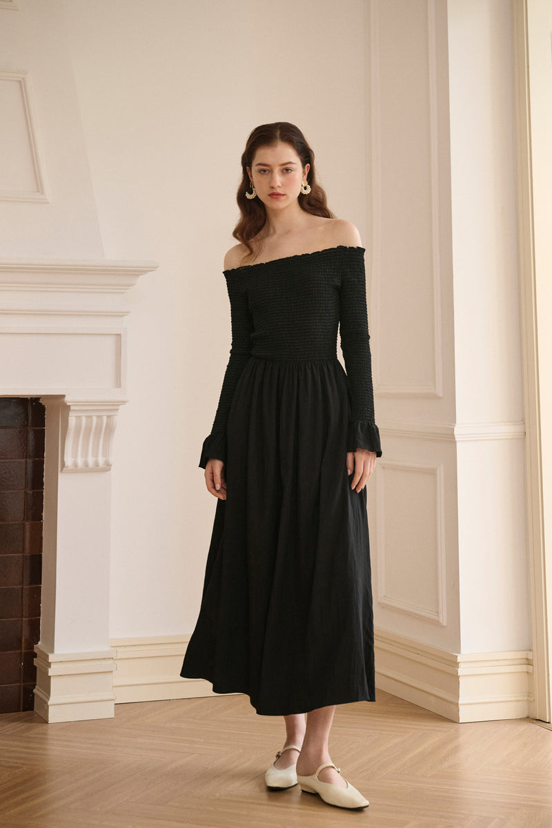 Off-shoulder smocked maxi dress