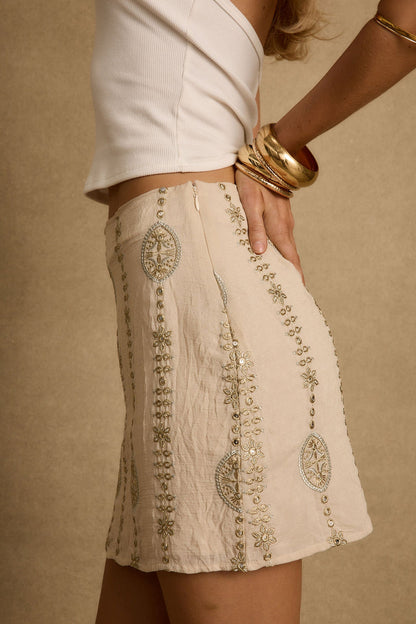 Additional view of the Ola Embroidered Linen Mini Skirt from a different perspective.