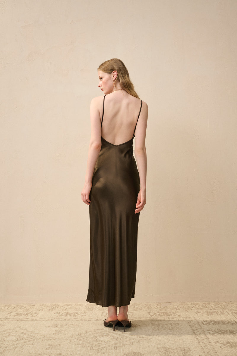 Open back satin maxi dress