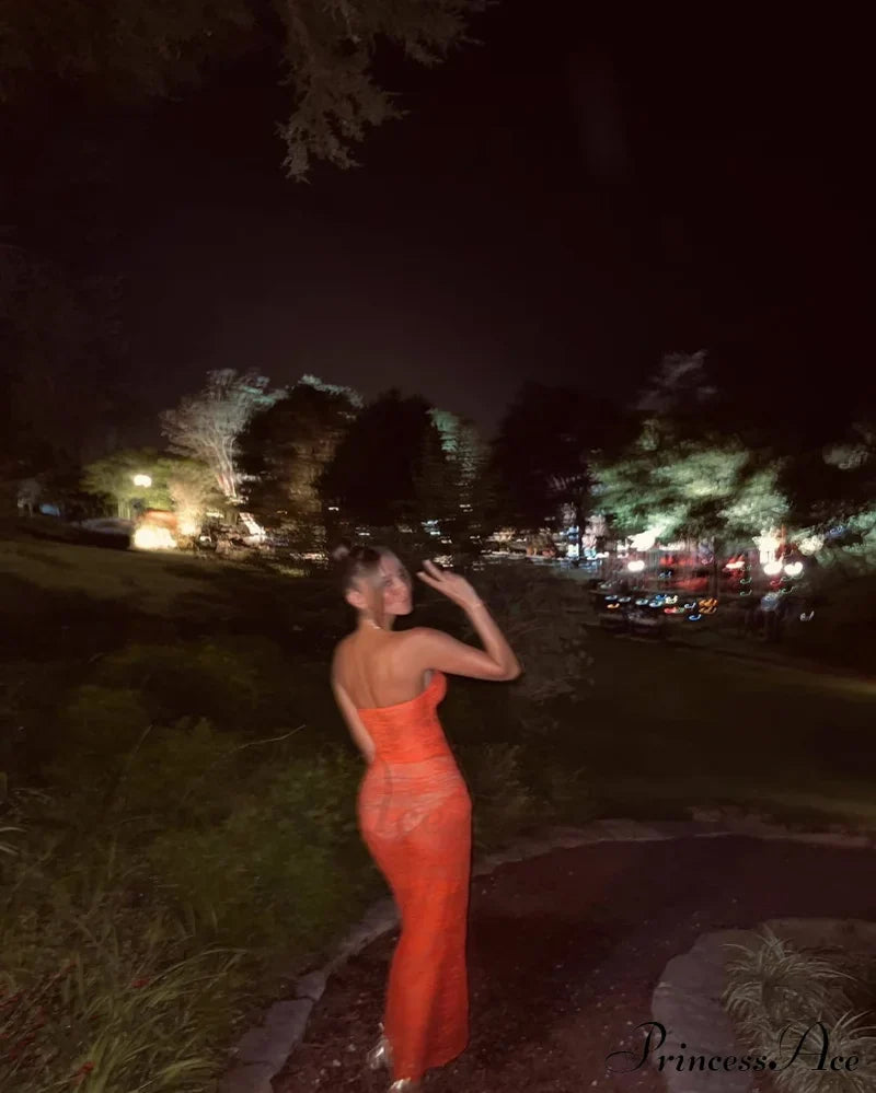 Orange Sheer Lace Charming Draped Tube Maxi Dress