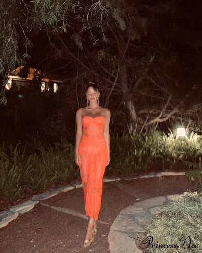 Orange Sheer Lace Charming Draped Tube Maxi Dress / M