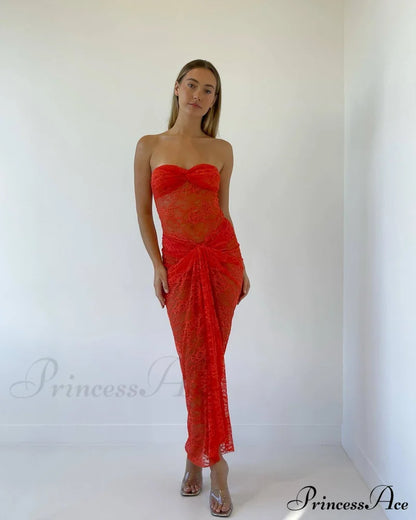 Orange Sheer Lace Charming Draped Tube Maxi Dress