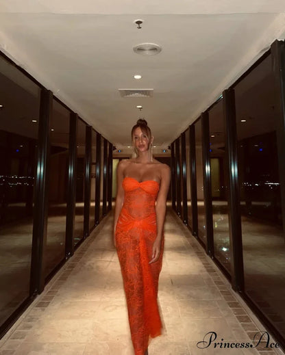 Orange Sheer Lace Charming Draped Tube Maxi Dress