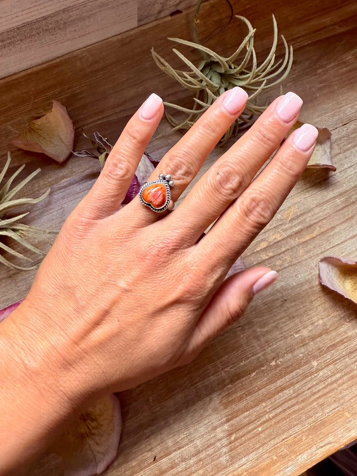 Orange Spiny Oyster Heart Ring – Sterling Silver – Size 7