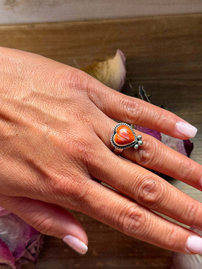 Orange Spiny Oyster Heart Ring – Sterling Silver – Size 7