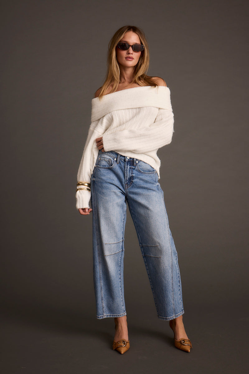 Detail shot of the Pamela Ivory Off the Shoulder Sweater highlighting the design elements.