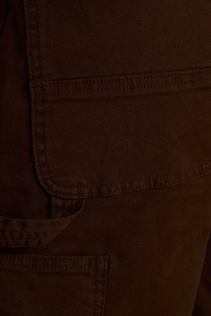 Close-up of mocha brown cargo short cotton canvas with topstitched flap pocket detail.