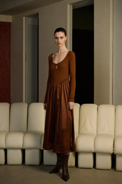 Patchwork long sleeve maxi dress