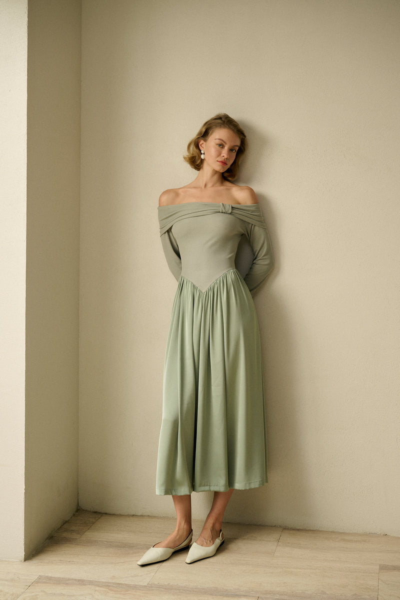 Patchwork off-shoulder maxi dress