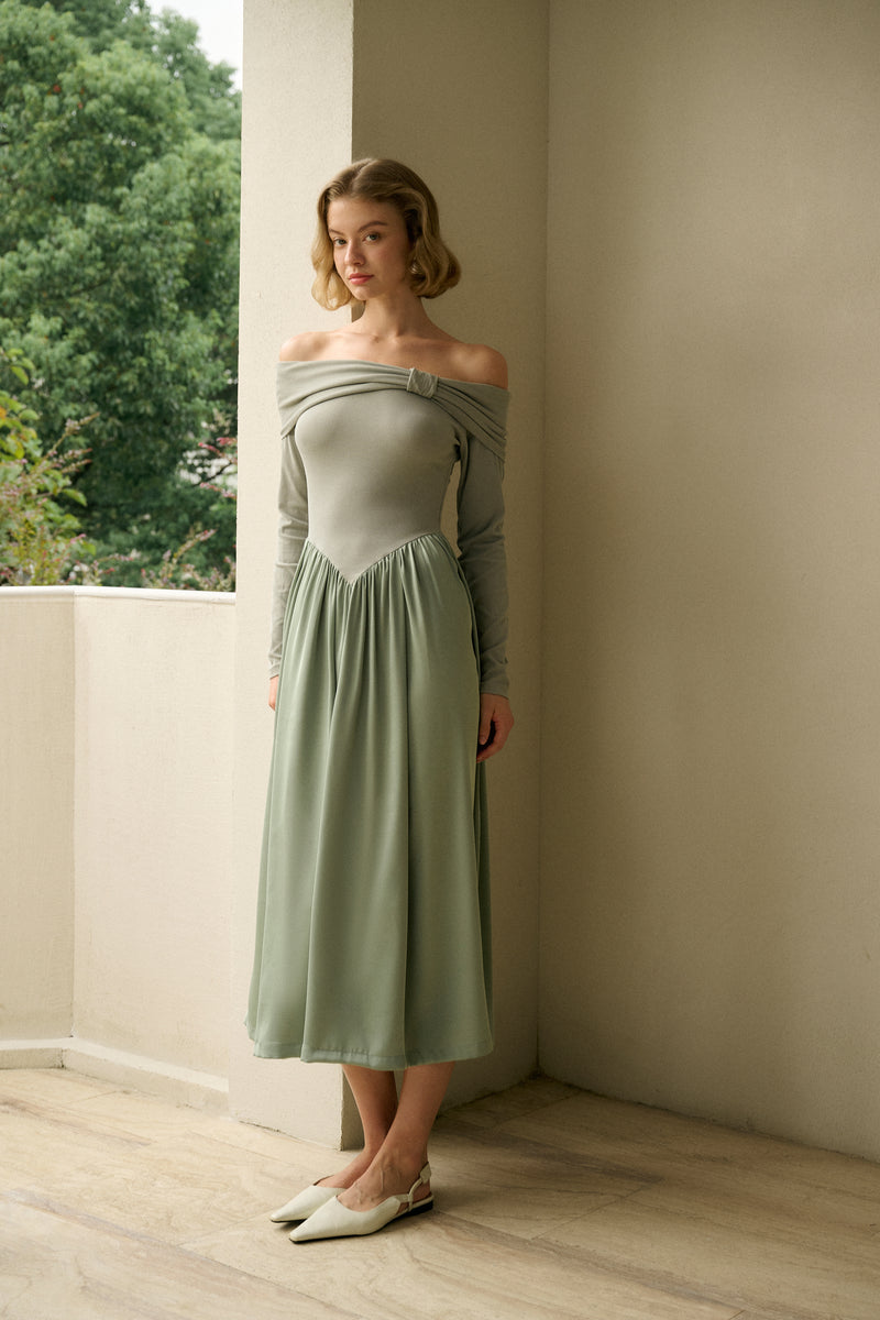 Patchwork off-shoulder maxi dress