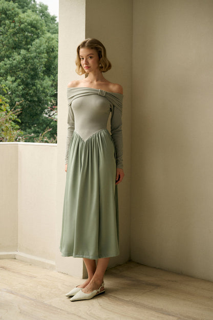 Patchwork off-shoulder maxi dress