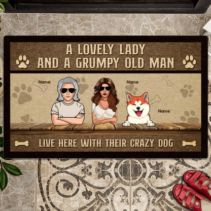 Pawzity Custom Doormat, Gifts For Dog Lovers, A Lovely Lady And A Grumpy Old Man Live Here With Their Crazy Dogs