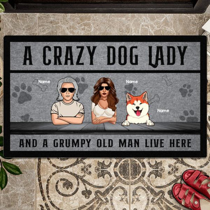 Pawzity Personalized Doormat, Gifts For Dog Lovers, A Crazy Dog Lady And A Grumpy Old Man Live Here Outdoor Door Mat