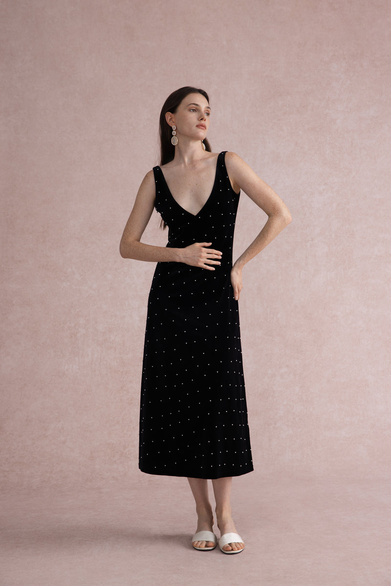 Pearl-dot velvet midi dress