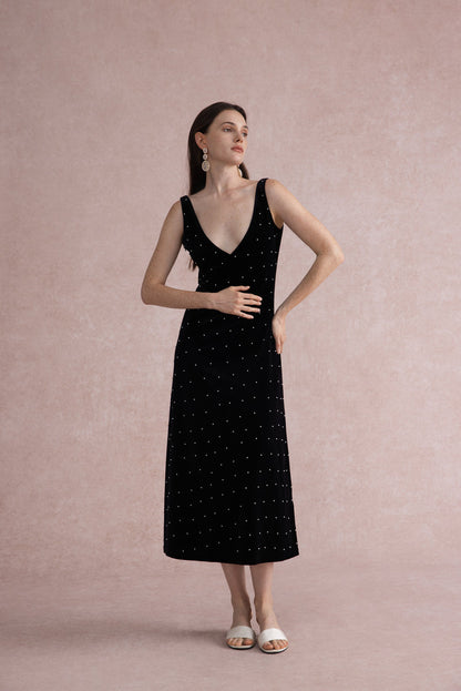 Pearl-dot velvet midi dress