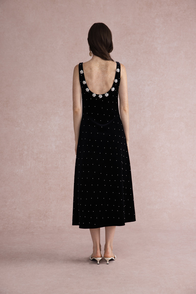 Pearl-dot velvet midi dress