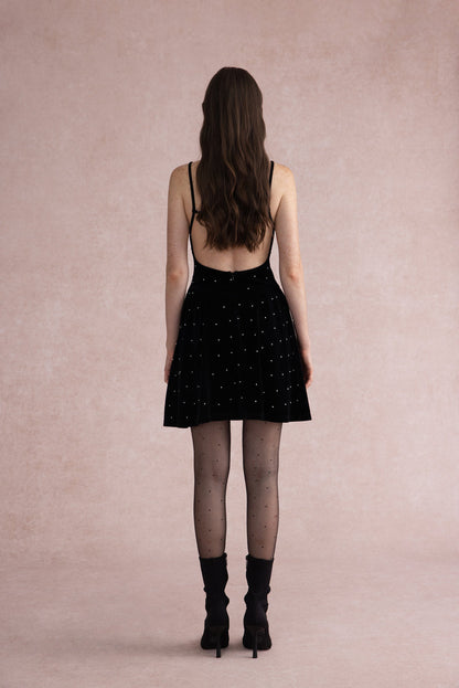 Pearl-dot velvet open back dress