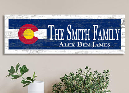 Custom Colorado Flag Family Sign For Housewarming or Colorado Couple Wedding Gift - Made from Solid Wood and Personalized